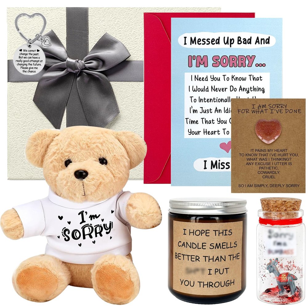 8 Pcs I'm Sorry Gifts Set with Gift Box Include 8.7 I'm Sorry Bear Heart Shaped Stone Wishing Bottle Keychain Candle Apology Card Envelope Apology Gifts for Her Men Mom Wife Girlfriend Family Friend
