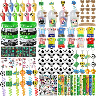 182PCS Soccer Party Favors, Soccer Birthday Party Favors with Cups Straws Puzzle Toys Whistles Mini Soccer Stress Balls Slap Bracelets Key Chains for Soccer Birthday Party Decorations