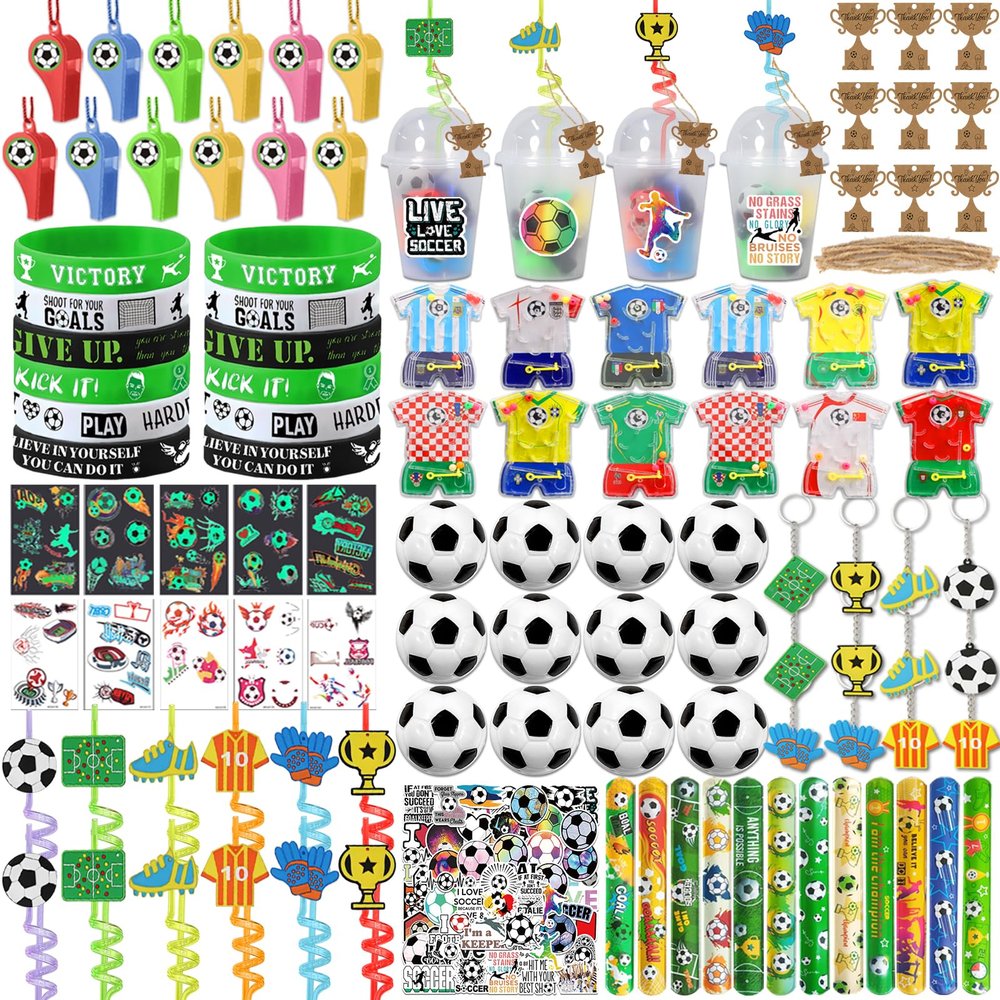 182PCS Soccer Party Favors, Soccer Birthday Party Favors with Cups Straws Puzzle Toys Whistles Mini Soccer Stress Balls Slap Bracelets Key Chains for Soccer Birthday Party Decorations
