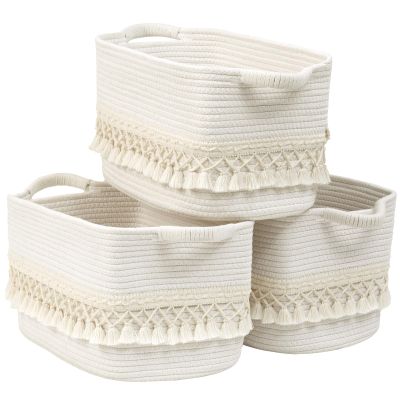 2 Pack Storage Basket for Shelves, Boho Cotton Rope Storage Bins with Heavy Tassel, Shelf Baskets Large Woven Baskets for Organizing, Cube Organizer Bins, Baby Laundry Basket for Clothes, Toys, Pets