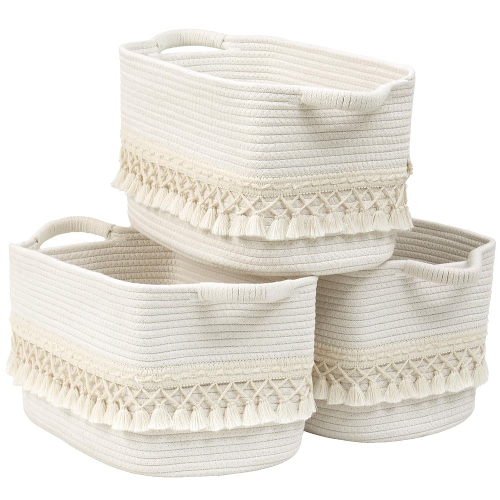 2 Pack Storage Basket for Shelves, Boho Cotton Rope Storage Bins with Heavy Tassel, Shelf Baskets Large Woven Baskets for Organizing, Cube Organizer Bins, Baby Laundry Basket for Clothes, Toys, Pets
