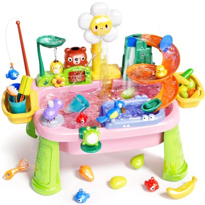 Pupu Pig Water Table Play Sink Toys for Toddlers, Kids Play Kitchen Sink with Running Water, 360 Electric Faucet, Floating Fishing Game, Sensory Water Table Toys for Boys Girls Summer Gifts - Pink
