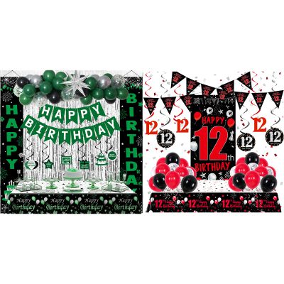 12th Birthday Decorations for Boys Girls, Red Black Happy 12th Birthday Decorations Boy Girl, Happy 12 Bday Banner Backdrop Balloons Tablecover Triangle Flag, 12 Year Old Boy Bday Party Supplies Decor