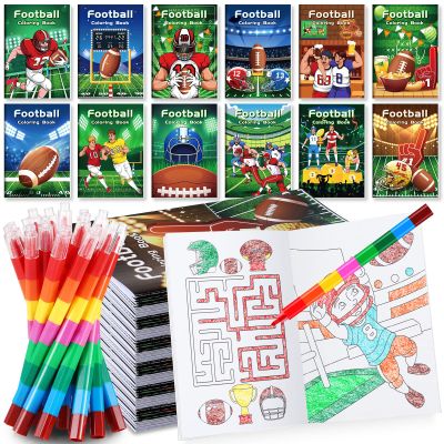 BenLouis 12 Football Mini Coloring Books Kids with 12 Stacking Crayons Sports Football Theme Party Favors Small Activity Books Bulk for Kids Super Football Bowl Party Gift Goodie Bag Stuffers