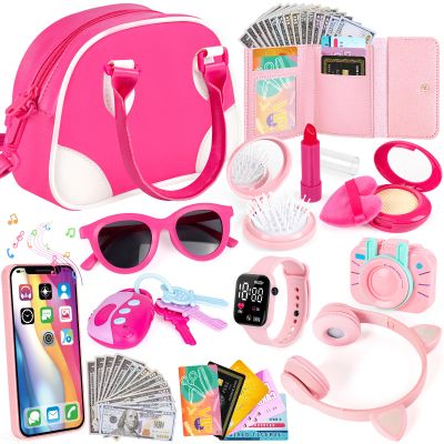 Play Purse for Little Girls, Toddler Purse Accessories with Pretend Play Headset, Handbag, Toy Phone, Wallet, Kids Pretend Makeup Birthday Christmas Princess Gifts Toys for Girls