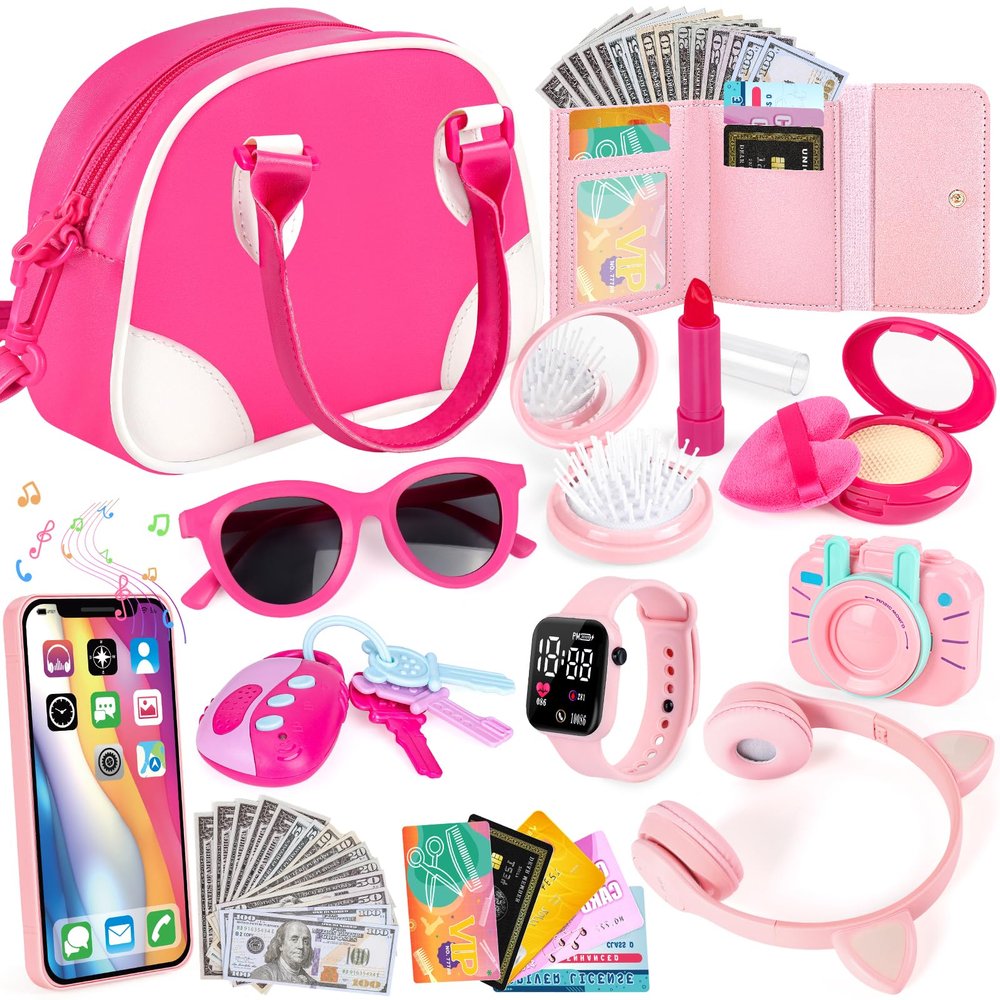 Play Purse for Little Girls, Toddler Purse Accessories with Pretend Play Headset, Handbag, Toy Phone, Wallet, Kids Pretend Makeup Birthday Christmas Princess Gifts Toys for Girls