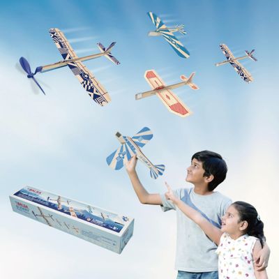 PLAYSTEM Balsa Wood Airplane Kit - 4 Pack Model Gliders & Rubber Band Powered Planes | Outdoor Toy Set for Kids | STEM Learning Airplanes | Easy Assembly No Glue Needed