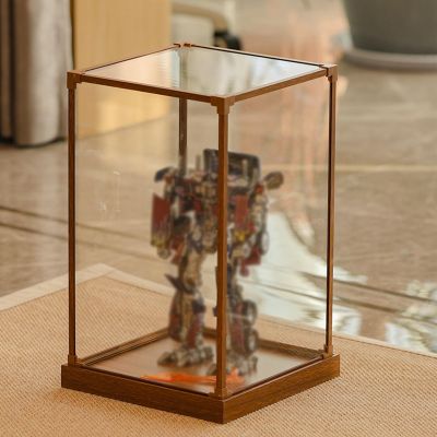 Xyrona Clear Figure Acrylic Display Case, 6" 10" 12" 14" 16" 18" 20" Tall Show Box, Vintage Display Cabinet with Woodgrain Base & Aluminium Frame(L35xW35xH50cm/14x14x20)
