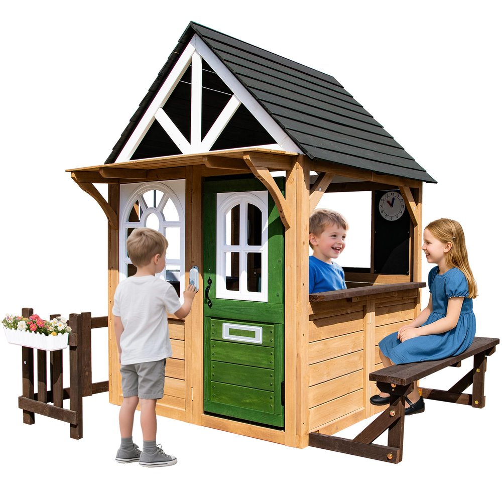Kids Playhouse Outdoor,Cedar Gray Wooden Play House for Kids Ages 3-8,Interactive Doorbell, Kitchen Counter with Utensils, Sink, Window Boxes for Flowers (Brown)