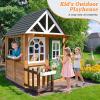 Kids Playhouse Outdoor,Cedar Gray Wooden Play House for Kids Ages 3-8,Interactive Doorbell, Kitchen Counter with Utensils, Sink, Window Boxes for Flowers (Brown) view 2