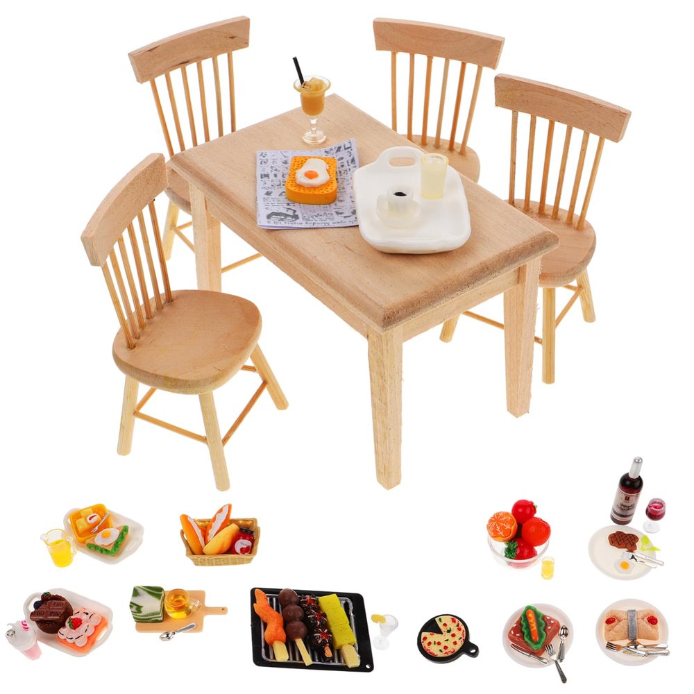 Abaodam 1 Set Miniature Dining Table Chair with Food Dollhouse Kitchen Accessories Furniture for Micro Landscape Decor Photography Props for Playtime