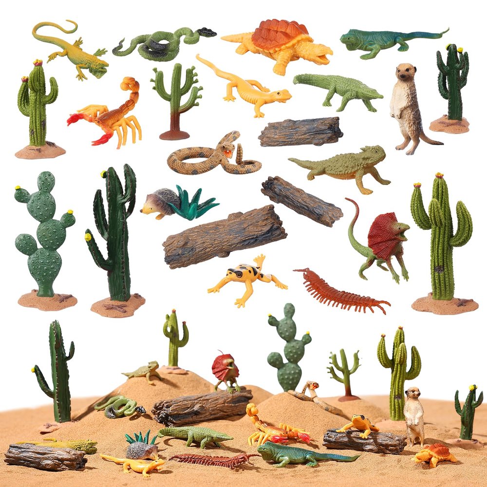 AENIMELY 23pcs Desert Animal Figurines Set  Includes Scorpion, Lizard, Rattlesnake Trees & Cactus  Desert Diorama Playset for Kids, Birthday Cake Toppers, Party Decorations