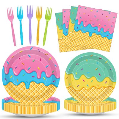 100 Pcs Ice Cream Cone Party Supplies Set, Serves 25  Disposable Paper Plates, Napkins, and Colorful Forks, Ice Cream Themed Tableware for Kids Birthday, Summer, Sweet Shop, Dessert Party Decorations