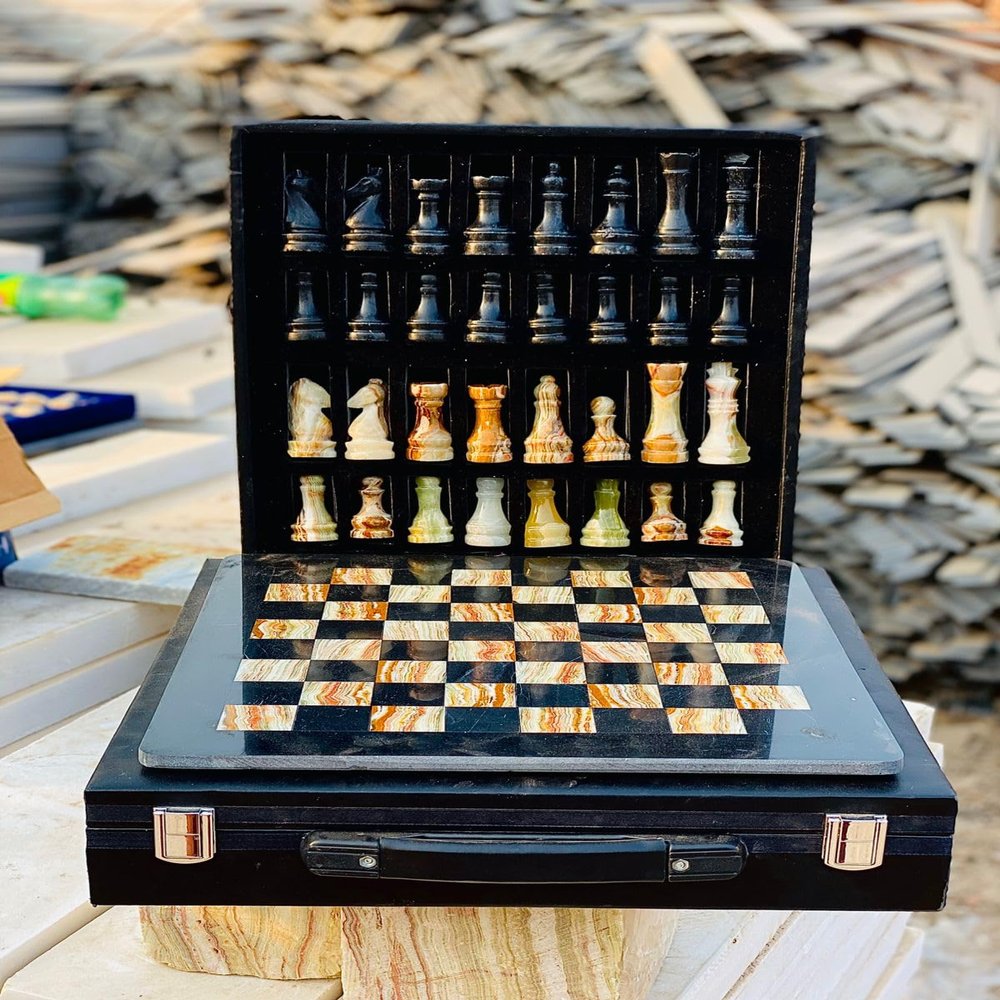 12-Inch Marble Chess Set with Hand-Carved Pieces  Includes Black Faux Leather Storage Gift Box (Black MultiGreen)