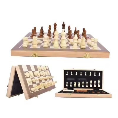 15-Inch Magnetic Wooden Chess & Checkers Board Game Set, Portable Travel Design with Storage, 2 Players