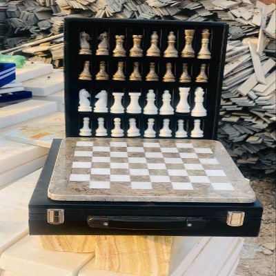 12-Inch Marble Chess Set with Hand-Carved Pieces  Includes Black Faux Leather Storage Gift Box (Grey White)