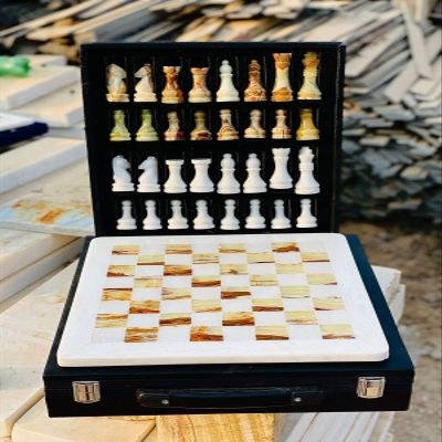 12-Inch Marble Chess Set with Hand-Carved Pieces  Includes Black Faux Leather Storage Gift Box (White Brown)