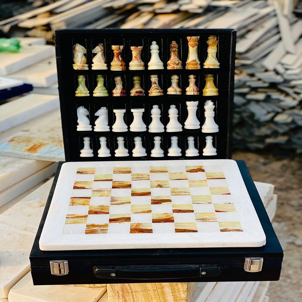 12-Inch Marble Chess Set with Hand-Carved Pieces  Includes Black Faux Leather Storage Gift Box (White Brown)