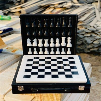 12-Inch Marble Chess Set with Hand-Carved Pieces  Includes Black Faux Leather Storage Gift Box (White Black)