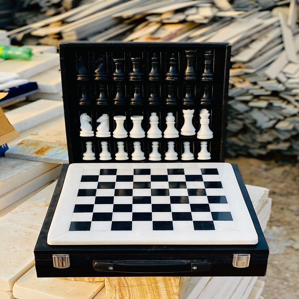 12-Inch Marble Chess Set with Hand-Carved Pieces  Includes Black Faux Leather Storage Gift Box (White Black)