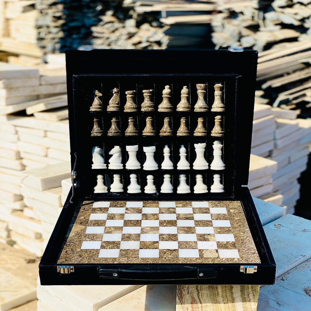 15-Inch Handcrafted Marble Chess Set with Black Faux Leather Gift Box  Premium Stone Chess Board & Pieces (Grey White)