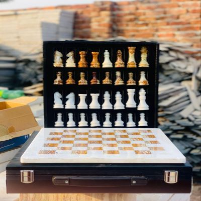 12-Inch Marble Chess Set with Hand-Carved Pieces  Includes Black Faux Leather Storage Gift Box (White Green)