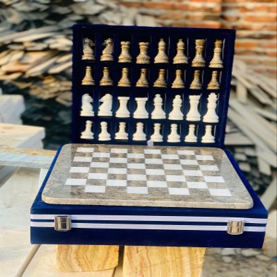 15-Inch Handcrafted Marble Chess Set with Blue Velvet Gift Box  Stone Chessboard & Carved Pieces (Grey White)