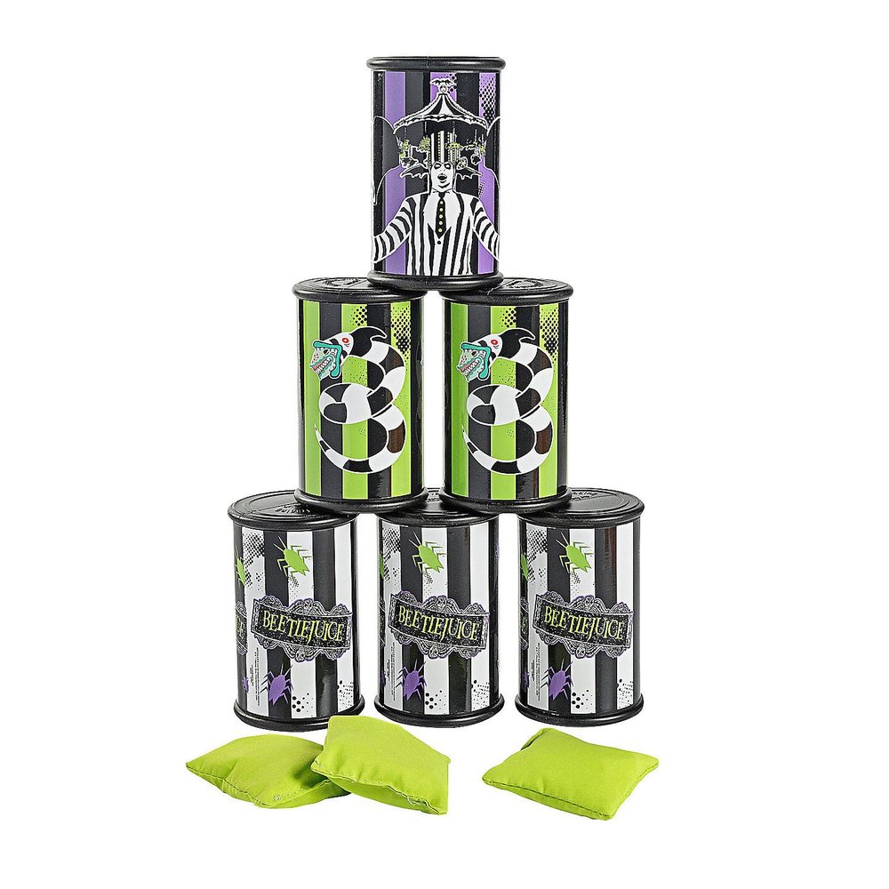 Fun Express Beetlejuice Cardboard Stacked Can Toss Game with Bean Bags - 9 Pieces