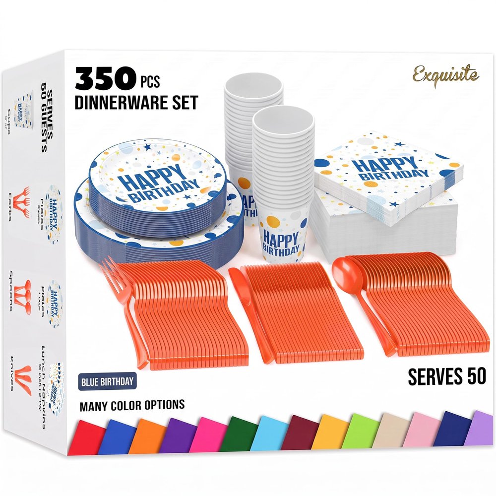 Exquisite 350 Pcs Blue Happy Birthday Plates and Napkins Set, Blue Birthday Plates Set, 50 Of Each 9" Dinner Plate, 7" Dessert Plate, 12 oz Cups, Napkins & Cutlery Plastic Dinnerware Set Set
