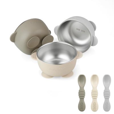 PandaEar 3 Pack Stainless Steel Suction Baby Bowls & 3 Baby Feeding Spoons | Non-Slip Stay Put Bowls & Soft Silicone First Stage Spoons for Toddlers, BPA-Free Baby Led Weaning Set (Linen Brown Grey)