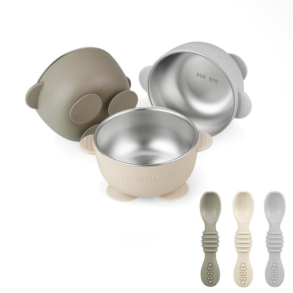 PandaEar 3 Pack Stainless Steel Suction Baby Bowls & 3 Baby Feeding Spoons | Non-Slip Stay Put Bowls & Soft Silicone First Stage Spoons for Toddlers, BPA-Free Baby Led Weaning Set (Linen Brown Grey)