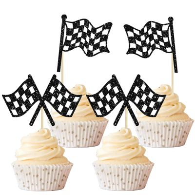12 Piece Black and White Checkered Racing Flag Cake Topper, 3 Styles of Racing Flag Cake Toppers for Racing Themed Birthday Party Decorations