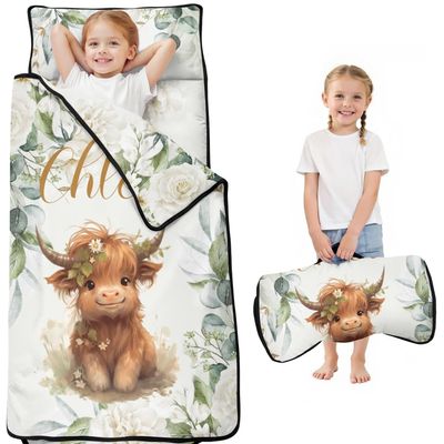 Custom Toddler Nap Mat for Girls Personalized Name Highland Cow Sleeping Bag with Pillow & Blanket Soft & Portable for Daycare, Preschool & Kindergarten