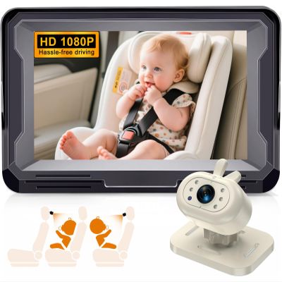 AMTIFO Baby Car Camera 1080P HD Plug-Play Monitor: 4.3 Inch IPS Display with Sun Visor - 150 Wide-Angle 360 Swivel Backseat Cam, Infrared Night Vision, Rabbit Design - Beige