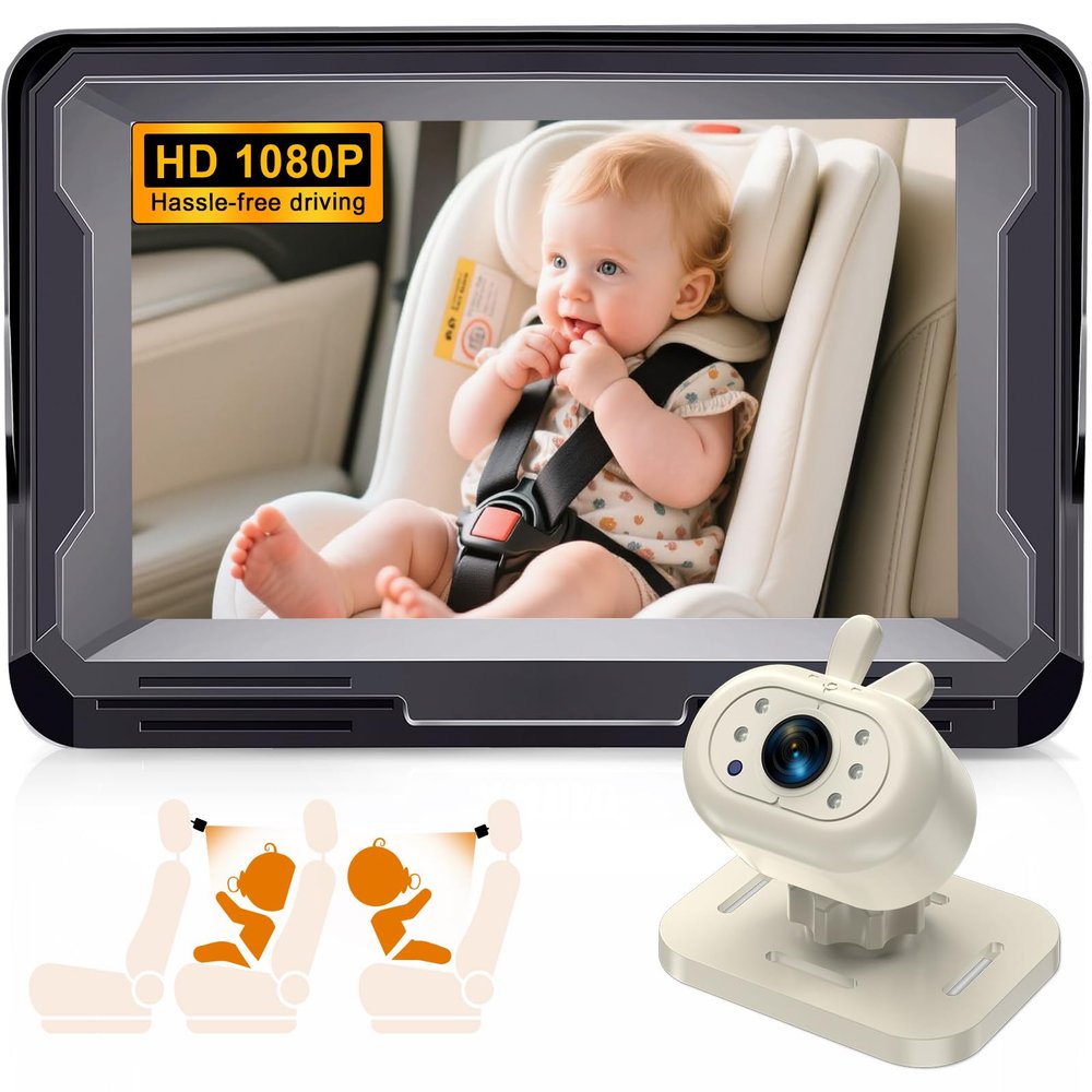 AMTIFO Baby Car Camera 1080P HD Plug-Play Monitor: 4.3 Inch IPS Display with Sun Visor - 150 Wide-Angle 360 Swivel Backseat Cam, Infrared Night Vision, Rabbit Design - Beige