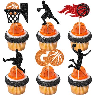 12 Pcs Basketball Cupcake Toppers - Glitter Sports Theme Cupcake Decorations Suitable for Basketball Player Party & Birthday Party Cake Decoration Supplies