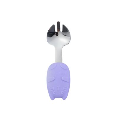 2PC - Home Creative 304 Stainless Steel Silicone Cartoon Short Handle Cat Body Spoon Fork - Cat Body Fork Spoon [Purple]