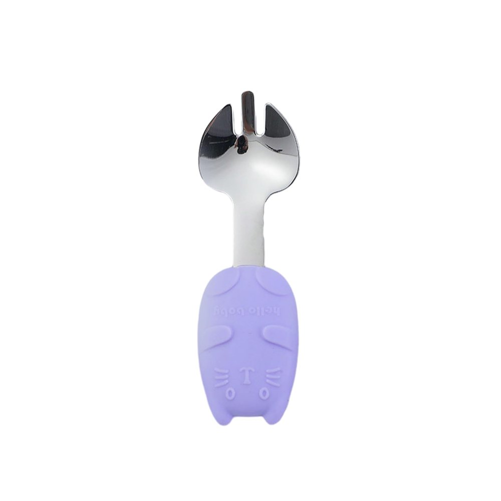 2PC - Home Creative 304 Stainless Steel Silicone Cartoon Short Handle Cat Body Spoon Fork - Cat Body Fork Spoon [Purple]