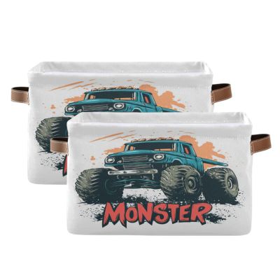 Emelivor Monster Truck White Storage Basket Bins Decorative Organizer Bins Laundry Hamper Baskets with Handles for Pet Books Clothes Makeup Closet Office,2 pcs