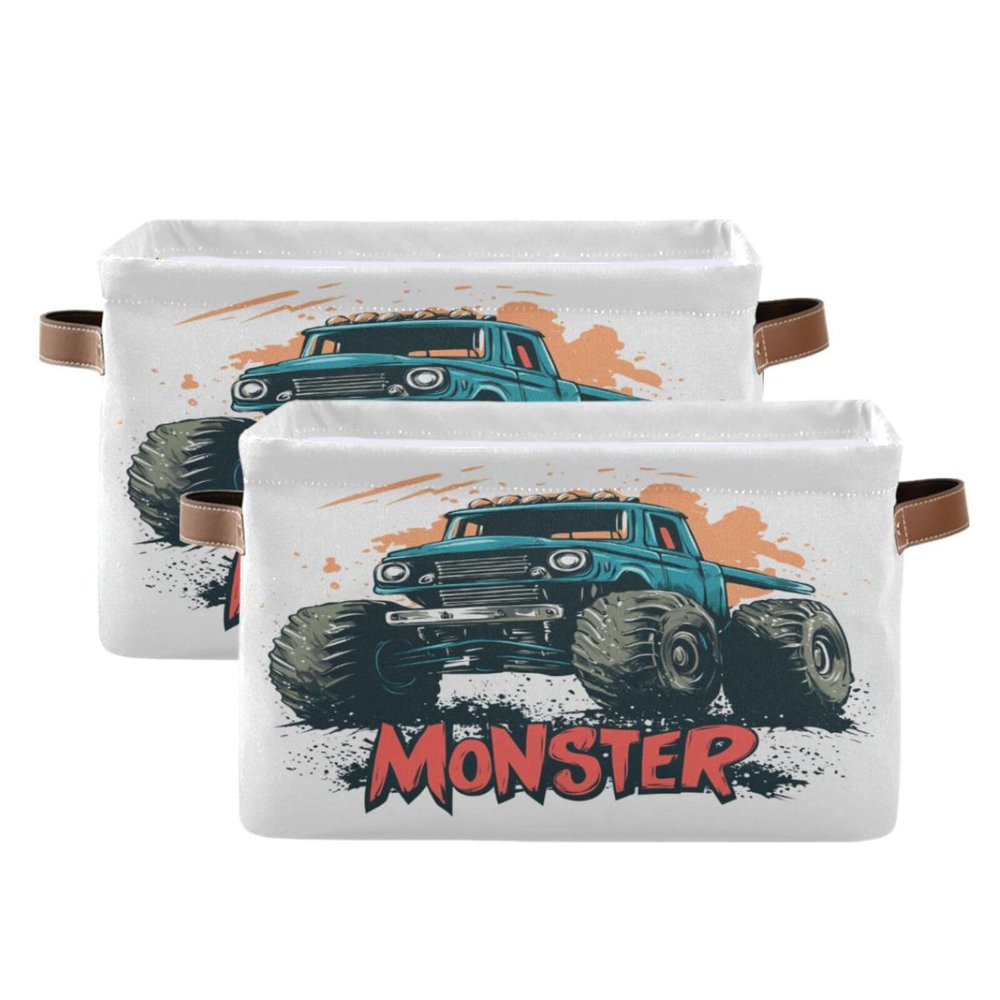Emelivor Monster Truck White Storage Basket Bins Decorative Organizer Bins Laundry Hamper Baskets with Handles for Pet Books Clothes Makeup Closet Office,2 pcs