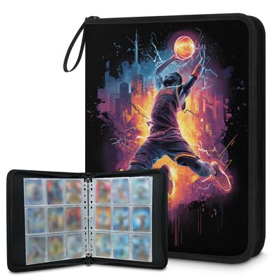 Kuquteed Basketball Player Trading Card Binder 4 Pocket 400 Cards Holder Collector Album with 50 Removable Sleeves Gifts for Boys Girls Orange Colorful Sports Game Cards