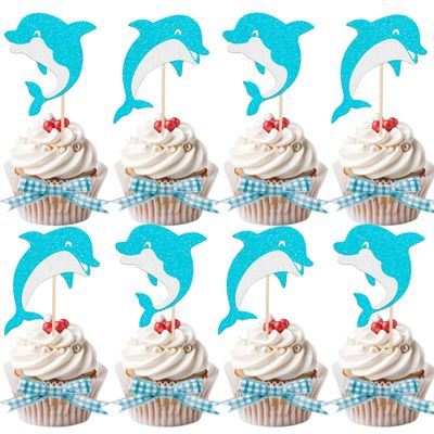 12 PCS Blue Glitter Dolphin Cupcake Toppers - Ocean Theme Cake Decorations for Dolphin Themed Birthday Parties & Baby Showers