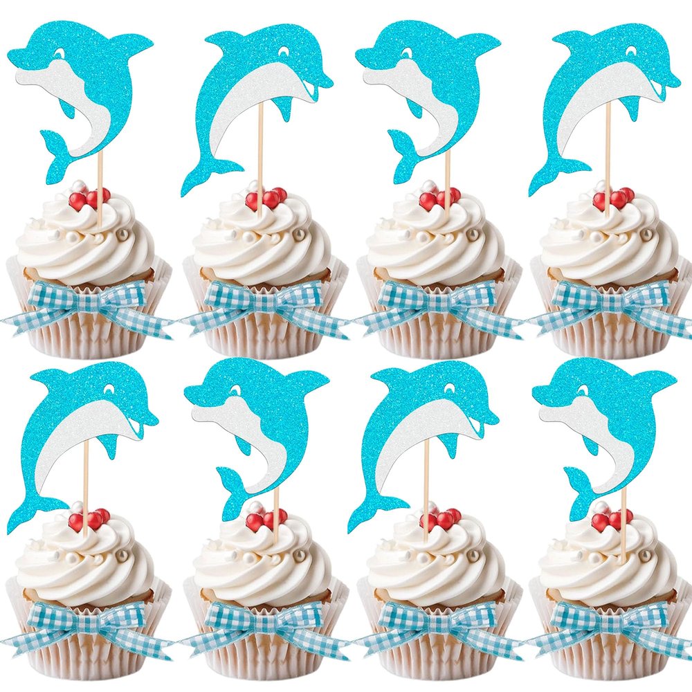 12 PCS Blue Glitter Dolphin Cupcake Toppers - Ocean Theme Cake Decorations for Dolphin Themed Birthday Parties & Baby Showers