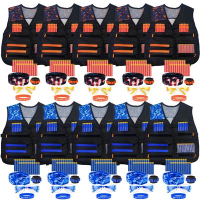 10 Sets Tactical Vest Kit for Nerf Party Supplies Favor, 200 Foam Darts, 10 Protective Goggles & Masks, Wristbands  for Boys Birthday Parties Gifts, Blue and Orange Teams