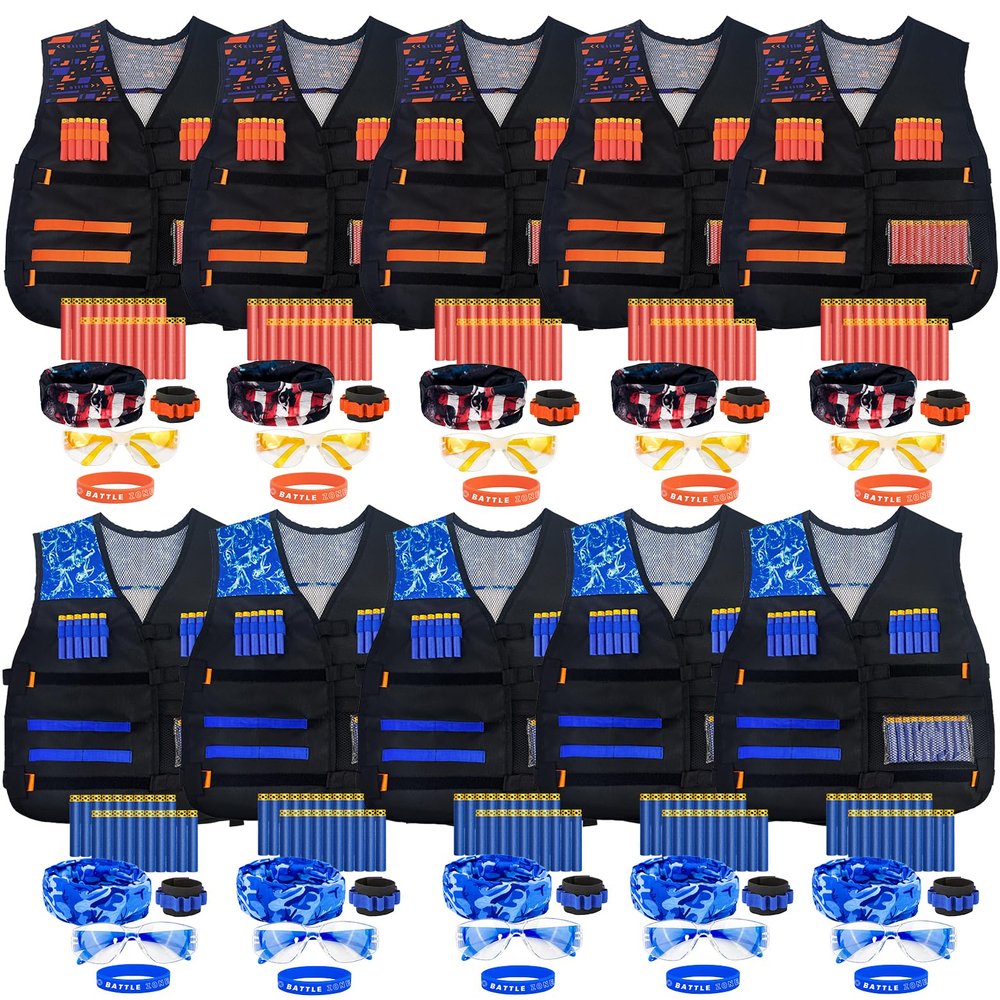 10 Sets Tactical Vest Kit for Nerf Party Supplies Favor, 200 Foam Darts, 10 Protective Goggles & Masks, Wristbands  for Boys Birthday Parties Gifts, Blue and Orange Teams