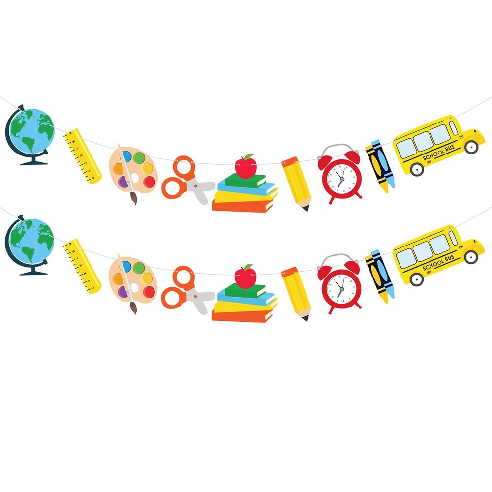 2 Pack Back to School Classroom Garland Banner  School Theme Hanging Decorations with Globe, Pencil, Books, Crayons, and School Bus Cutouts for First Day of School, Teacher Welcome, Bulletin Board