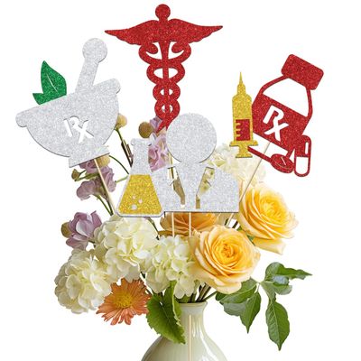 12 Pcs Pharmacist Themed Centerpiece Sticks,Pharmacy School Graduation Party Decor, Congrats Pharmacist,Pharmacy Week & Retirement Party Decor Supplies Red Silver