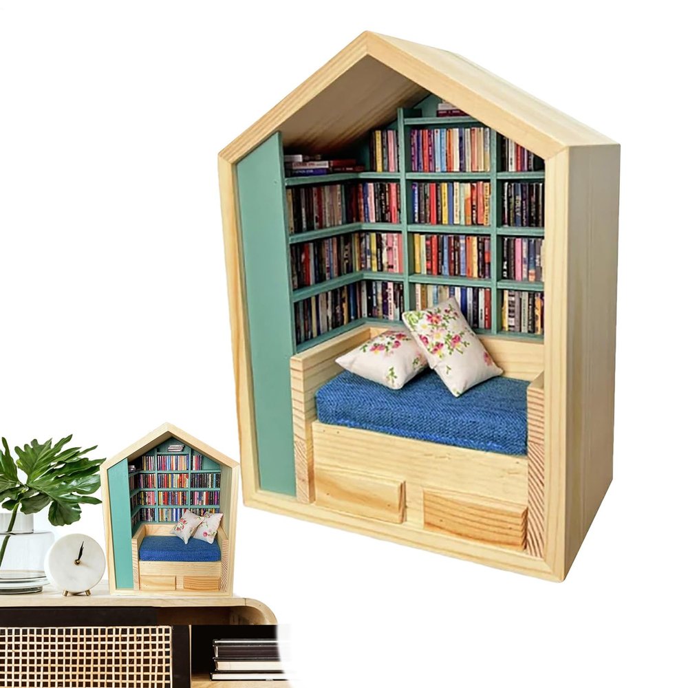 3D Tiny House Library Elegant Miniature Booknook Kit, Wooden House Kit | Realistic Creative Craft Scene, Tiny World in Wood, Home Decoration for Living Room, Bedroom Display Shelf