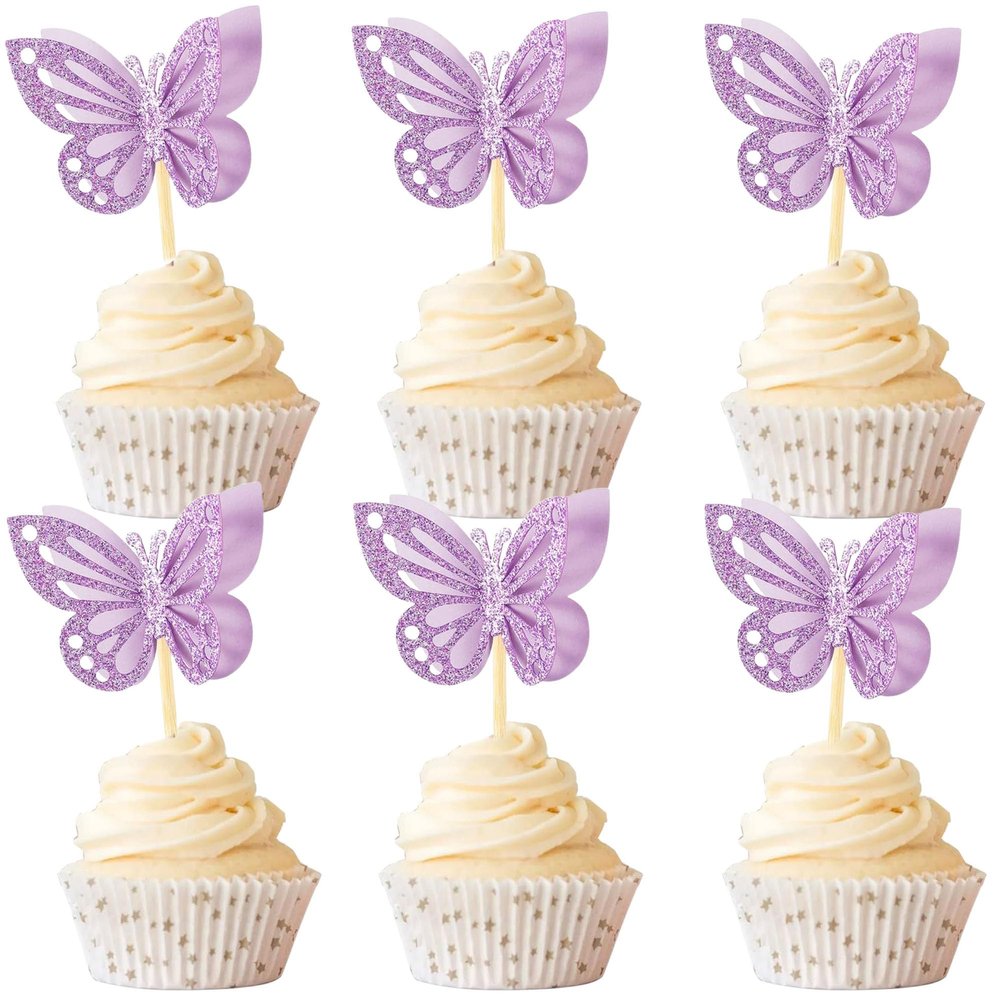 12 Pieces Butterfly Cake Topper, Purple Double Tier Butterfly Cake Decoration for Baby Birthday Party, Bridal Wedding Party