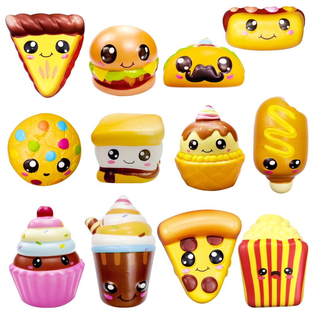 12-Pack Fast Food Slow Rise Squeeze Toys, Cute S'Mores Pizza Burger Taco Chips Fidget Toys for Kids & Adults, Perfect for Party Decor, Birthday Gifts & Classroom Rewards